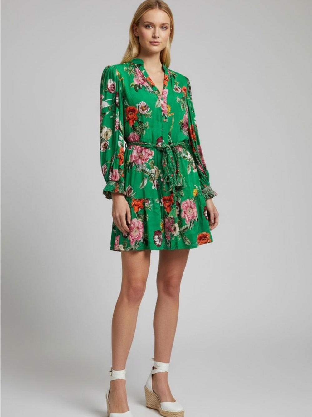 Alice + Olivia Green Floral Belted Mini Dress Long Sleeve Boho